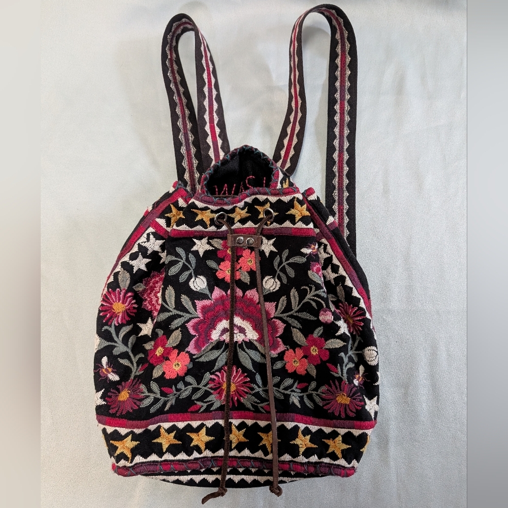 Johnny Was Black and Pink Embroidered Backpack